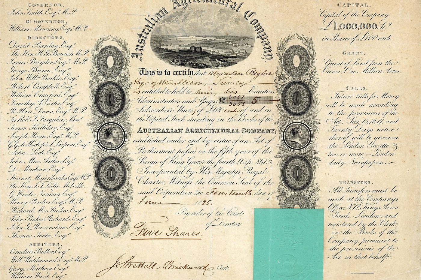 A stock certificate issued by the Australian Agricultural Company in 1825