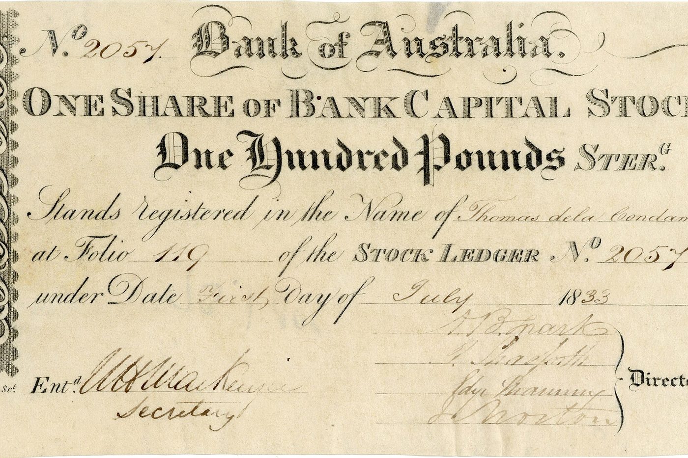 A Bank of Australia share certificate issued in 1833