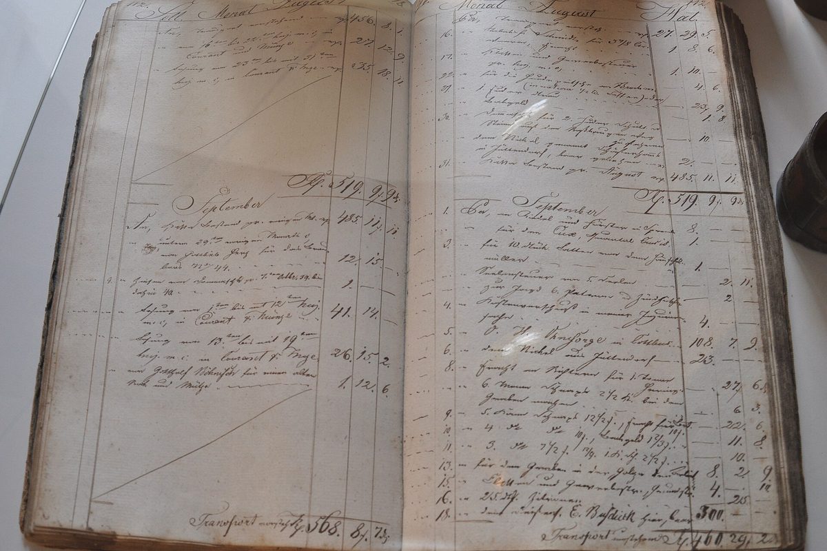 A bound business ledger used between 1833 and 1849, open at a handwritten page