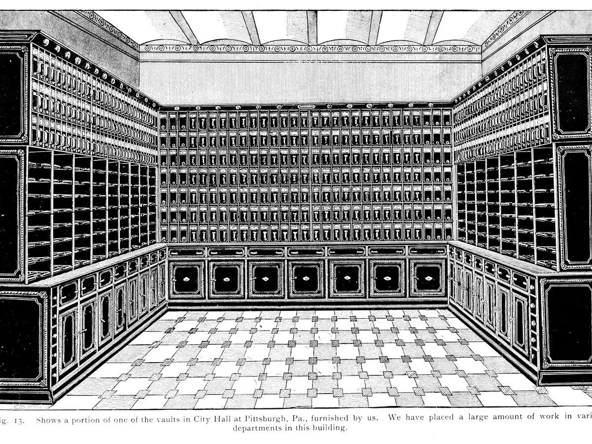 Rows of wooden filing cabinets in Pittsburgh City Hall, photographed in 1892